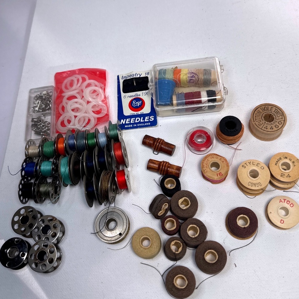 Mixed Vintage Sewing Notions Lot Wood Spools Metal Bobbins Boye Needles Multi